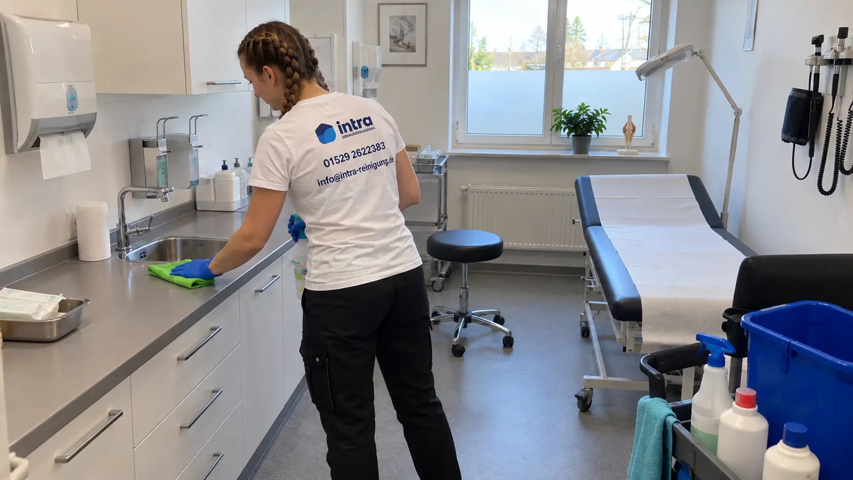 Mitarbeiterin reinigt die Arbeitsfläche in einem Behandlungsraum einer Praxis in Soest